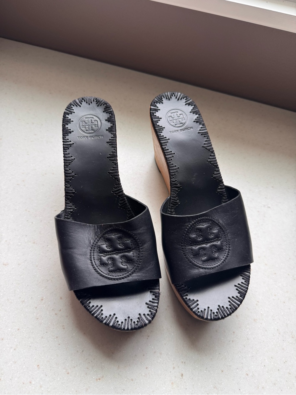 Tory Burch Paddy High Black Leather Wedge Mules